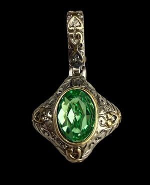 Large Statement Green Crystal Pendant Ornate Silver Tone John Candice JC Boho